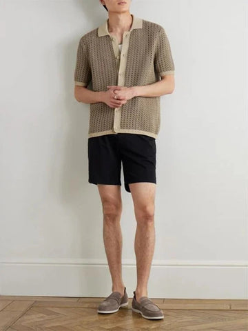 AIDASE  -  Hollow Out Short Sleeve Knitting Shirts For Men Summer Trendy Button Lapel Cardigan Tops Vintage Patchwork Lapel Knit Mens Shirt aidase-shop